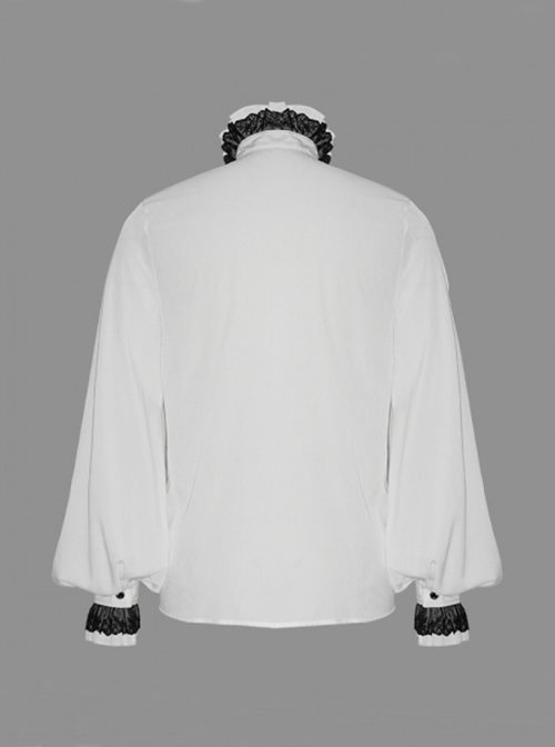 Gothic Chiffon Vertical Stripes Pattern Side Embroidered Petals White Lace High Collar Long Sleeve Shirt