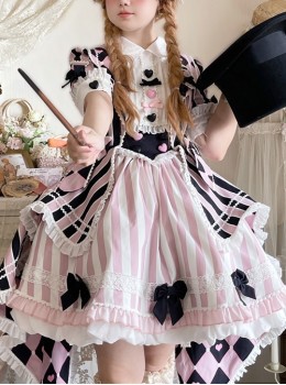 Weird Theater Series Circus Magician Cute Idol Stripe Lapel Bowknot Fake Two Pieces Sweet Lolita Dress Rabbit Hat