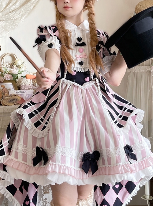 Weird Theater Series Circus Magician Cute Idol Stripe Lapel Bowknot Fake Two Pieces Sweet Lolita Dress Rabbit Hat