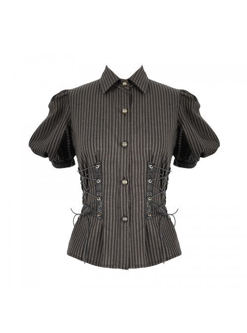 Punk Style Slim Fit Vertical Stripes Front Metal Eyelet Ties Brown Puff Sleeve Blouse