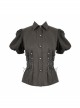 Punk Style Slim Fit Vertical Stripes Front Metal Eyelet Ties Brown Puff Sleeve Blouse