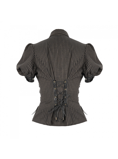 Punk Style Slim Fit Vertical Stripes Front Metal Eyelet Ties Brown Puff Sleeve Blouse