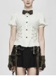 Punk Style Slim Fit Vertical Stripes Front Metal Eyelet Ties White Puff Sleeve Blouse