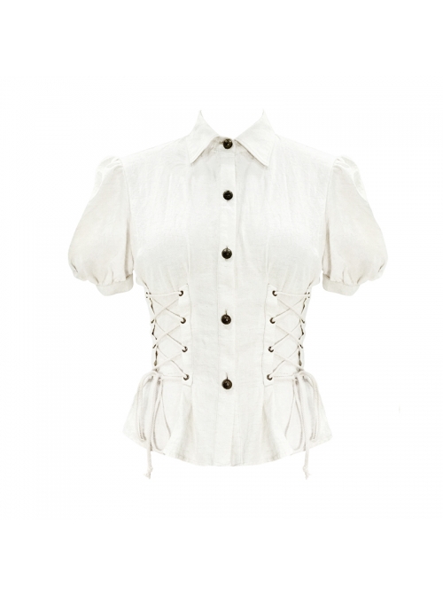 Punk Style Slim Fit Vertical Stripes Front Metal Eyelet Ties White Puff Sleeve Blouse