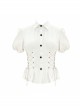 Punk Style Slim Fit Vertical Stripes Front Metal Eyelet Ties White Puff Sleeve Blouse