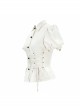 Punk Style Slim Fit Vertical Stripes Front Metal Eyelet Ties White Puff Sleeve Blouse