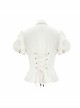 Punk Style Slim Fit Vertical Stripes Front Metal Eyelet Ties White Puff Sleeve Blouse