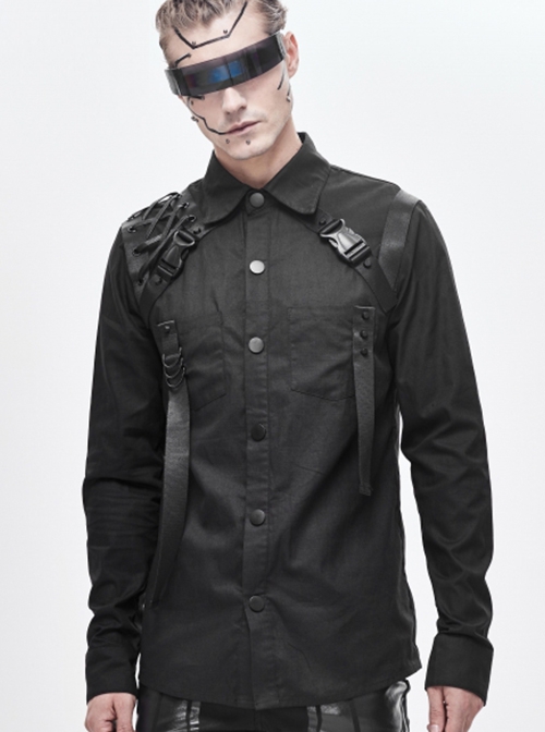 Punk Style Simple Solid Color Shoulder Eyelet Tie Rope Asymmetric Design Black Long Sleeve Metal Button Shirt