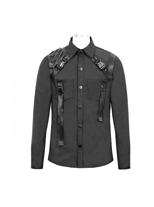 Punk Style Simple Solid Color Shoulder Eyelet Tie Rope Asymmetric Design Black Long Sleeve Metal Button Shirt