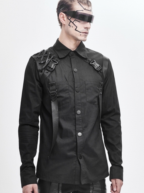 Punk Style Simple Solid Color Shoulder Eyelet Tie Rope Asymmetric Design Black Long Sleeve Metal Button Shirt