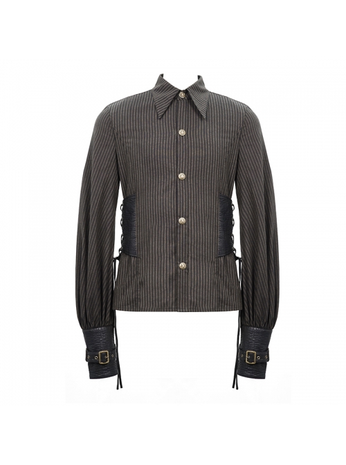 Punk Style Vertical Stripes Waist Decoration Leather With Eyelet Ties Brown Adjustable Long Sleeve Shirt