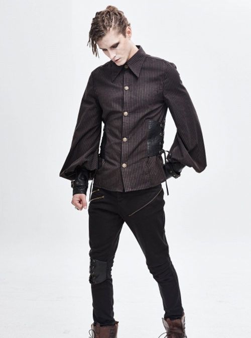 Punk Style Vertical Stripes Waist Decoration Leather With Eyelet Ties Brown Adjustable Long Sleeve Shirt