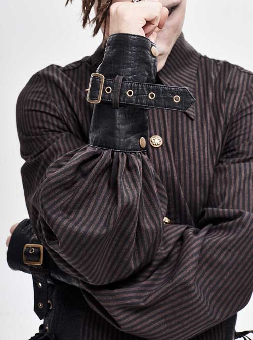 Punk Style Vertical Stripes Waist Decoration Leather With Eyelet Ties Brown Adjustable Long Sleeve Shirt