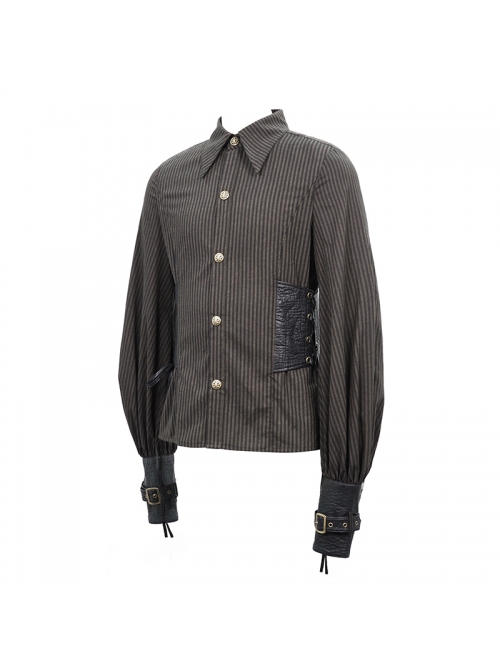 Punk Style Vertical Stripes Waist Decoration Leather With Eyelet Ties Brown Adjustable Long Sleeve Shirt