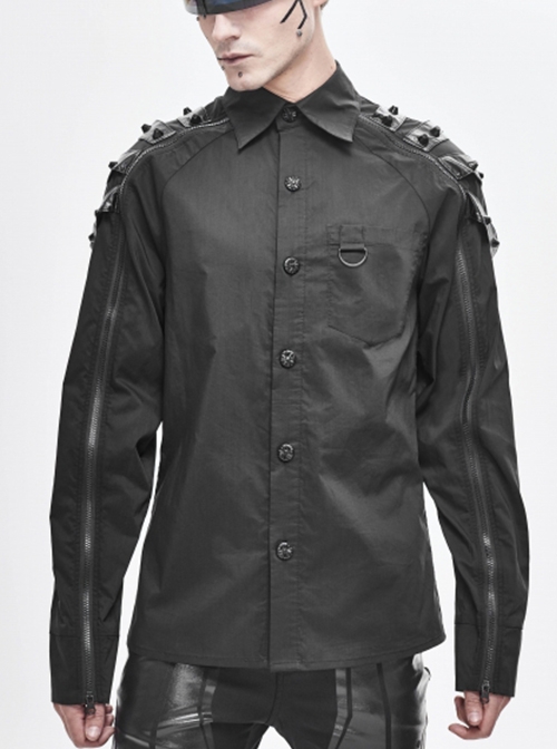 Punk Style Solid Color Woven Fabric Splicing Chaotic Leather Shoulder Rivet Decoration Black Zipper Long Sleeve Shirt