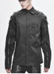 Punk Style Solid Color Woven Fabric Splicing Chaotic Leather Shoulder Rivet Decoration Black Zipper Long Sleeve Shirt