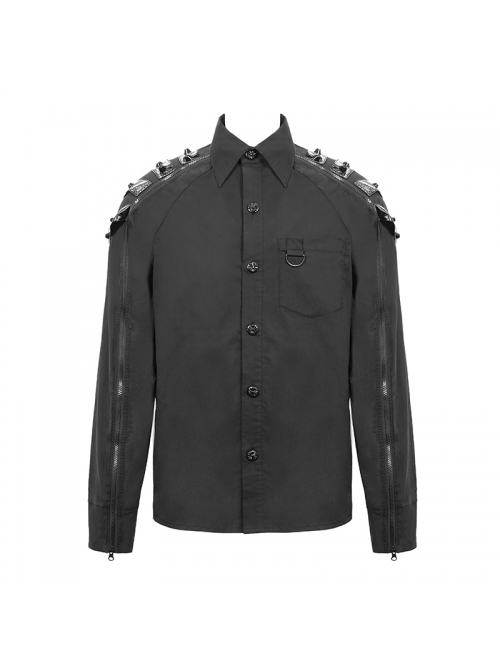 Punk Style Solid Color Woven Fabric Splicing Chaotic Leather Shoulder Rivet Decoration Black Zipper Long Sleeve Shirt