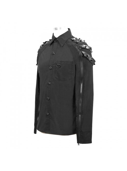 Punk Style Solid Color Woven Fabric Splicing Chaotic Leather Shoulder Rivet Decoration Black Zipper Long Sleeve Shirt