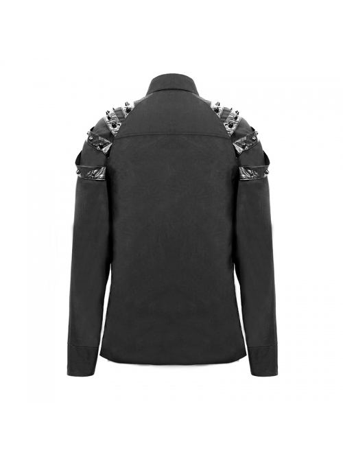 Punk Style Solid Color Woven Fabric Splicing Chaotic Leather Shoulder Rivet Decoration Black Zipper Long Sleeve Shirt