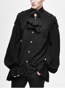 Punk Style Jacquard Cotton And Linen Shoulders With Woven Raw Edge Ribbon Decoration Black Stand Collar Puff Sleeve Shirt