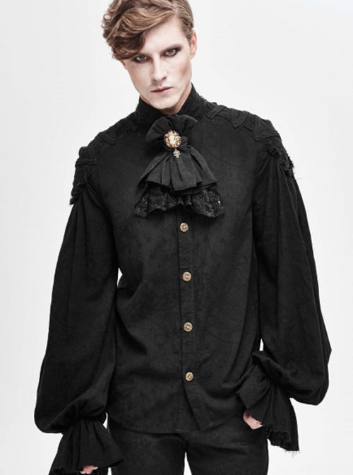 Punk Style Jacquard Cotton And Linen Shoulders With Woven Raw Edge Ribbon Decoration Black Stand Collar Puff Sleeve Shirt