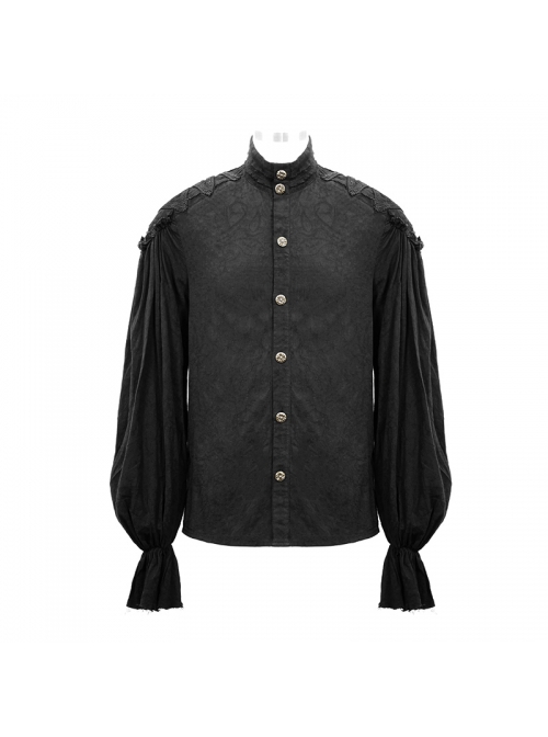 Punk Style Jacquard Cotton And Linen Shoulders With Woven Raw Edge Ribbon Decoration Black Stand Collar Puff Sleeve Shirt