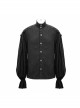 Punk Style Jacquard Cotton And Linen Shoulders With Woven Raw Edge Ribbon Decoration Black Stand Collar Puff Sleeve Shirt