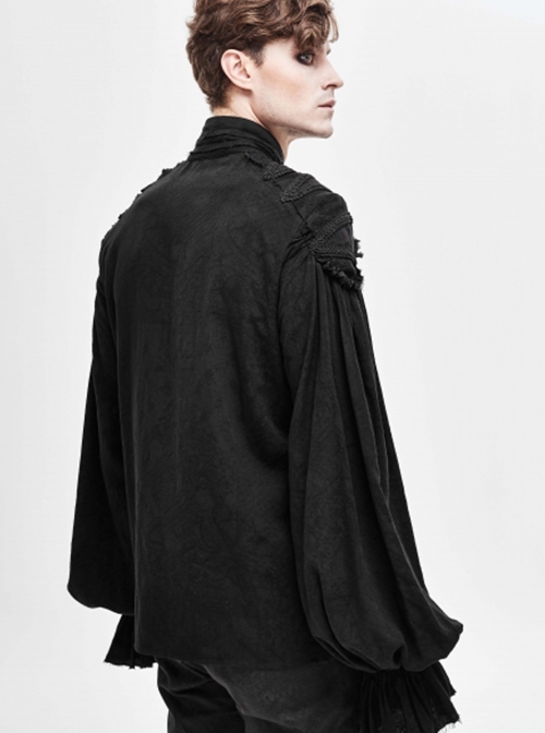 Punk Style Jacquard Cotton And Linen Shoulders With Woven Raw Edge Ribbon Decoration Black Stand Collar Puff Sleeve Shirt