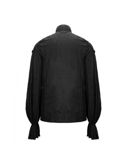 Punk Style Jacquard Cotton And Linen Shoulders With Woven Raw Edge Ribbon Decoration Black Stand Collar Puff Sleeve Shirt