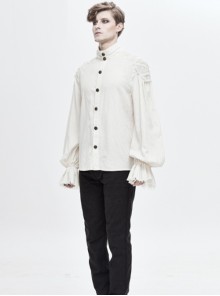 Punk Style Jacquard Cotton And Linen Shoulders With Woven Raw Edge Ribbon Decoration White Stand Collar Puff Sleeve Shirt