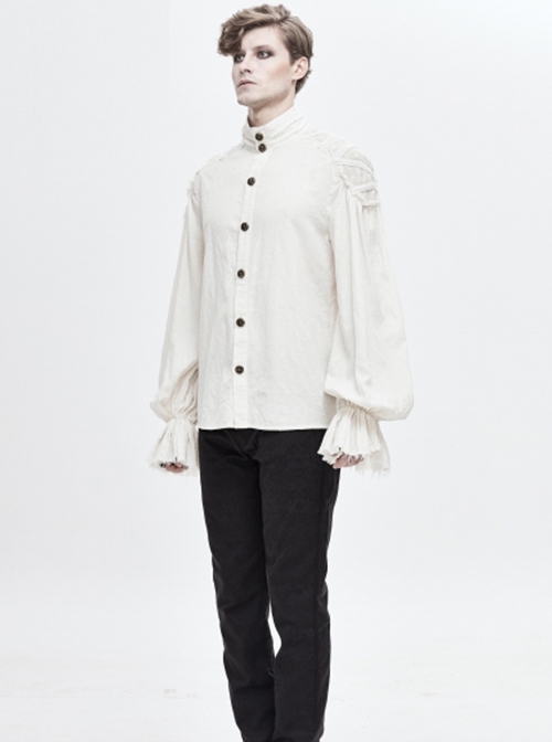 Punk Style Jacquard Cotton And Linen Shoulders With Woven Raw Edge Ribbon Decoration White Stand Collar Puff Sleeve Shirt