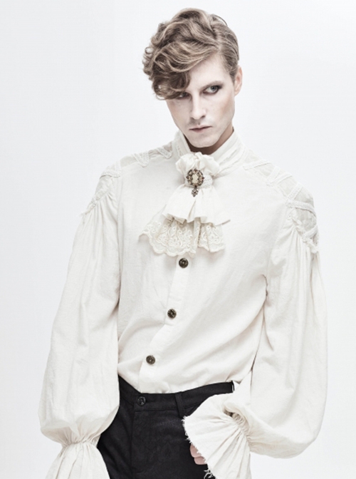 Punk Style Jacquard Cotton And Linen Shoulders With Woven Raw Edge Ribbon Decoration White Stand Collar Puff Sleeve Shirt