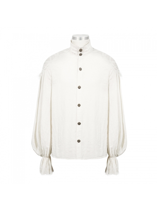 Punk Style Jacquard Cotton And Linen Shoulders With Woven Raw Edge Ribbon Decoration White Stand Collar Puff Sleeve Shirt