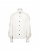 Punk Style Jacquard Cotton And Linen Shoulders With Woven Raw Edge Ribbon Decoration White Stand Collar Puff Sleeve Shirt