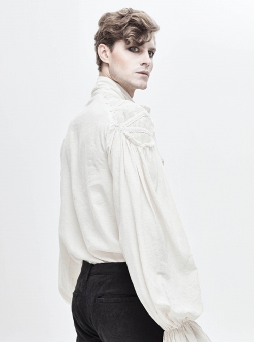 Punk Style Jacquard Cotton And Linen Shoulders With Woven Raw Edge Ribbon Decoration White Stand Collar Puff Sleeve Shirt