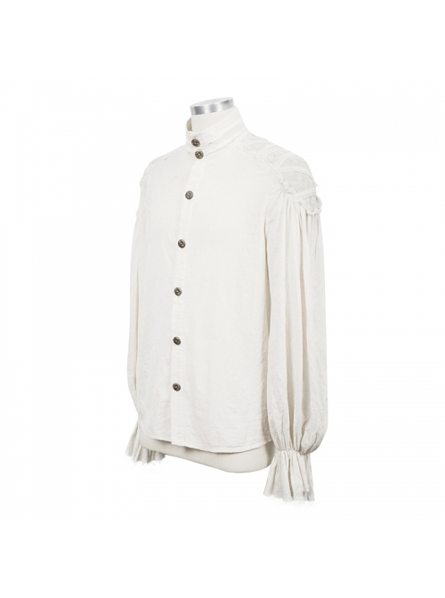 Punk Style Jacquard Cotton And Linen Shoulders With Woven Raw Edge Ribbon Decoration White Stand Collar Puff Sleeve Shirt