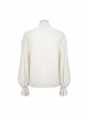 Punk Style Jacquard Cotton And Linen Shoulders With Woven Raw Edge Ribbon Decoration White Stand Collar Puff Sleeve Shirt