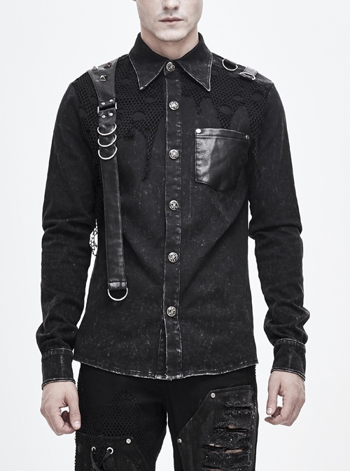 Punk Style Worn Fabric Shoulder Stitching Asymmetric Mesh With Metal Rivets Black Long Sleeved Lapel Shirt