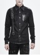 Punk Style Worn Fabric Shoulder Stitching Asymmetric Mesh With Metal Rivets Black Long Sleeved Lapel Shirt