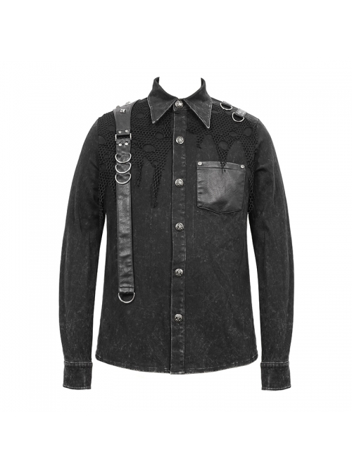 Punk Style Worn Fabric Shoulder Stitching Asymmetric Mesh With Metal Rivets Black Long Sleeved Lapel Shirt