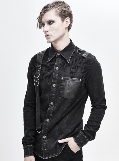 Punk Style Worn Fabric Shoulder Stitching Asymmetric Mesh With Metal Rivets Black Long Sleeved Lapel Shirt