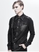 Punk Style Worn Fabric Shoulder Stitching Asymmetric Mesh With Metal Rivets Black Long Sleeved Lapel Shirt