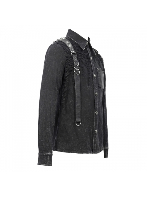 Punk Style Worn Fabric Shoulder Stitching Asymmetric Mesh With Metal Rivets Black Long Sleeved Lapel Shirt