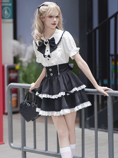 Forbidden Love Songs Series Japanese  Landmine Style Y2K Girl Lace Bowknot Sweet Lolita Puff Sleeve Shirt