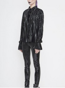 Punk Style Shiny Pleated Fabric Cuffs With Adjustable Leather Loops Black Loose Lapel Long Sleeve Blouse