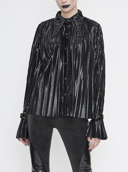 Punk Style Shiny Pleated Fabric Cuffs With Adjustable Leather Loops Black Loose Lapel Long Sleeve Blouse