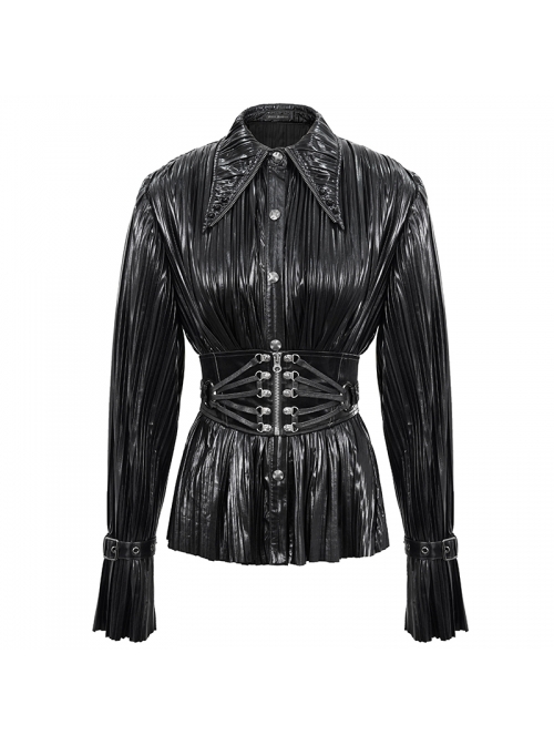 Punk Style Shiny Pleated Fabric Cuffs With Adjustable Leather Loops Black Loose Lapel Long Sleeve Blouse