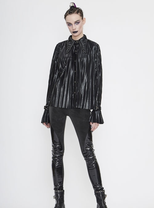 Punk Style Shiny Pleated Fabric Cuffs With Adjustable Leather Loops Black Loose Lapel Long Sleeve Blouse