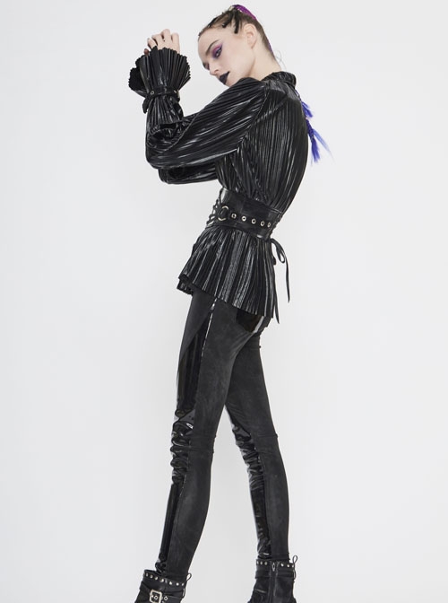 Punk Style Shiny Pleated Fabric Cuffs With Adjustable Leather Loops Black Loose Lapel Long Sleeve Blouse