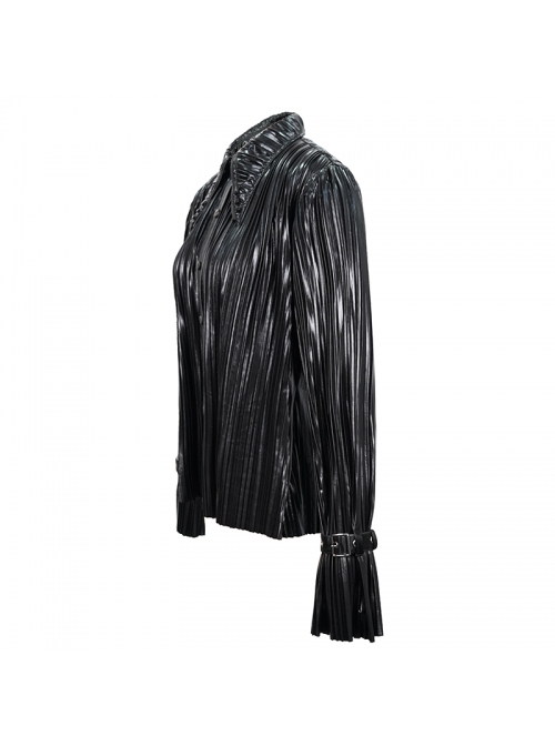 Punk Style Shiny Pleated Fabric Cuffs With Adjustable Leather Loops Black Loose Lapel Long Sleeve Blouse